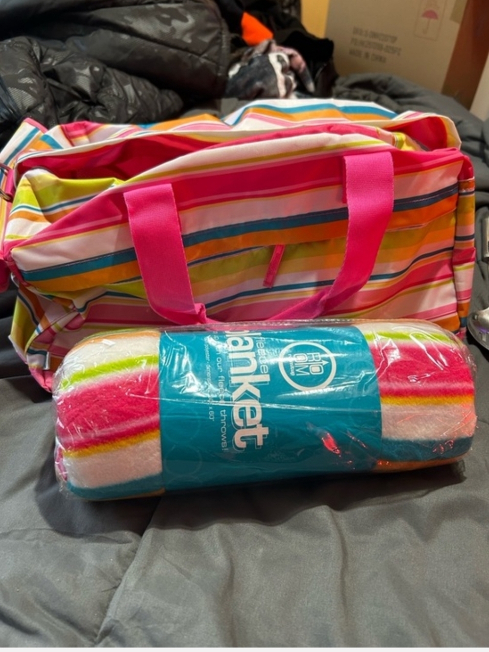 Striped Travel Blanket with Bright Multicolor Stripes Beach Bag